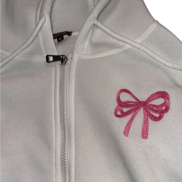 White Hoodie with Pink Bow Embroidery. “I’m literally just a girl” in the back - Picture 2 of 5